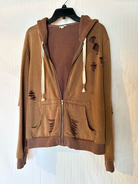 POL - Oversized Distressed Brown Zip-Up Hoodie Jacket - Women's